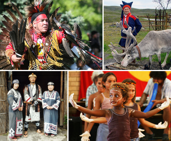 Kuva 1. Alkuperäiskansat ovat yksi esimerkki valtiottomista kansoista. Osaatko sanoa, mitä alkuperäiskansoja kuvissa on? (Kuvat: Flickr / Alec Couros, Flickr / dutchbaby, Wikicommons, Flickr / Mark Roy)